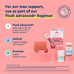 Uqora Flush Advanced+ label closeup shows gluten-free and vegan