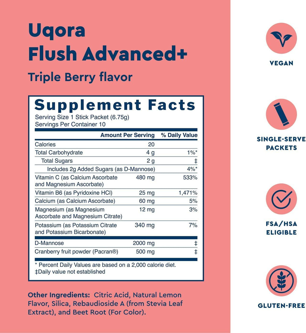 Uqora Flush Advanced+ packet closeup highlighting cranberry blend