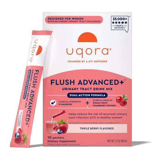 Uqora Flush Advanced+ packet close-up for daily urinary health routine