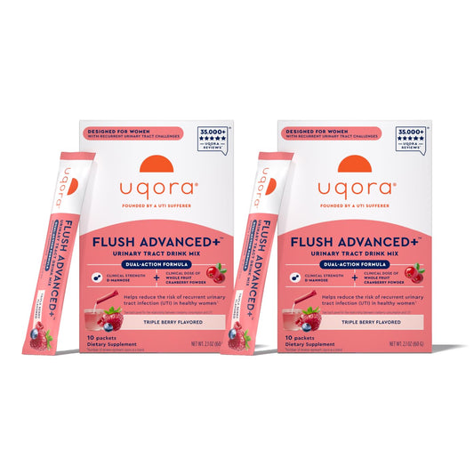 Uqora Flush Advanced Plus cranberry powder packet close-up for daily urinary health support