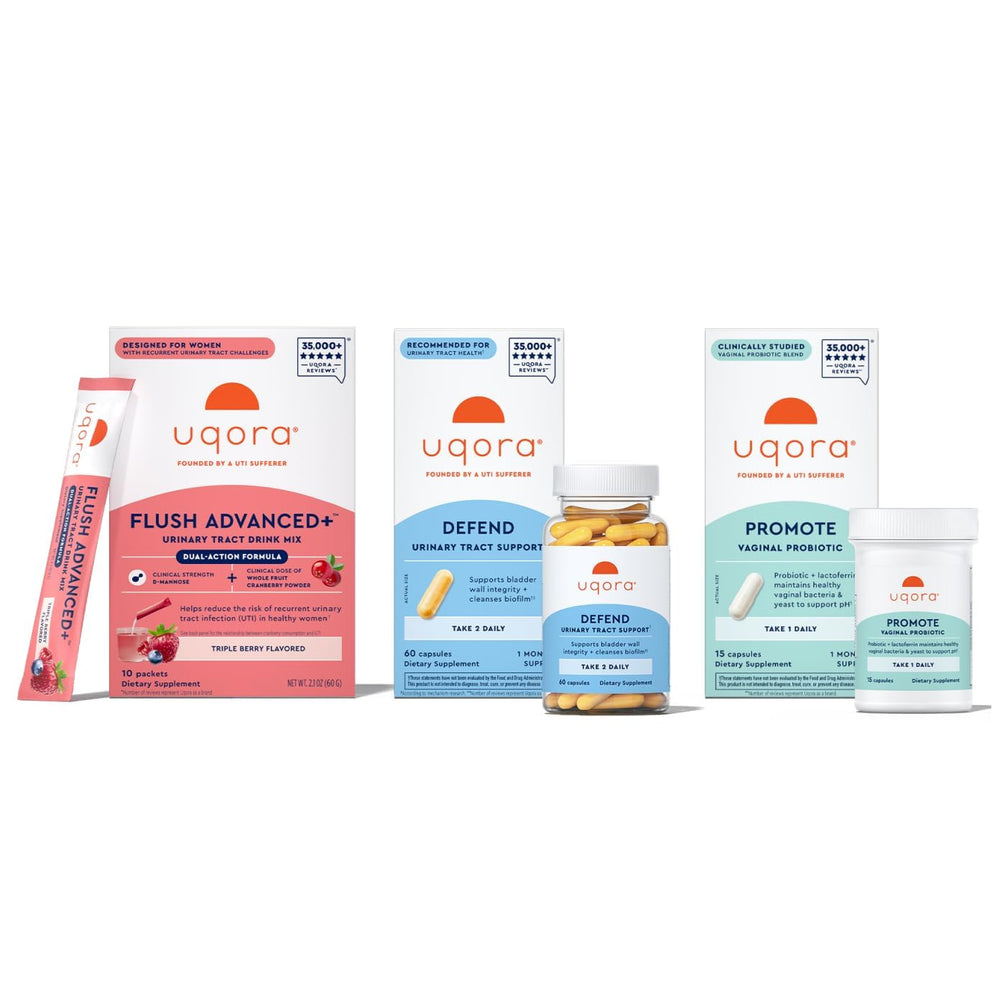 Uqora Flush Advanced+ Drink Mix bottle pour shown for daily urinary health support
