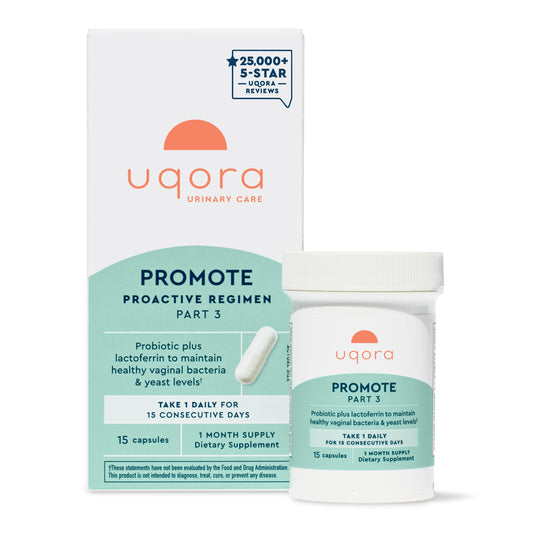 Uqora Promote bottle front showing probiotic support for vaginal health.