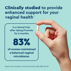 Uqora Promote capsules inside the bottle illustrate daily probiotic intake for vaginal health