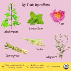 Urban Moonshine Joy Tonic bottle on desk shows organic, sustainably sourced formula.