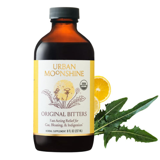 Urban Moonshine Original Digestive Bitters bottle with dropper for easy use and gut support.