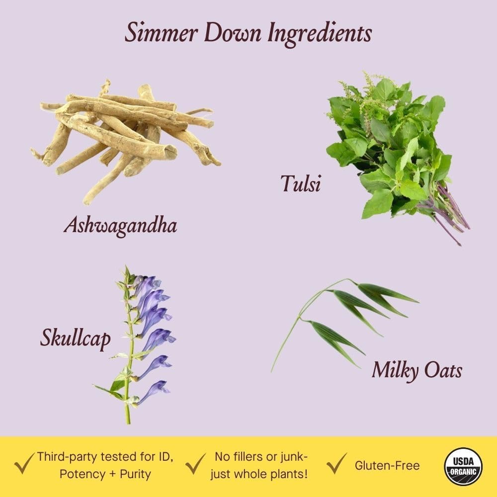 Urban Moonshine Simmer Down ingredients image features ashwagandha and tulsi.