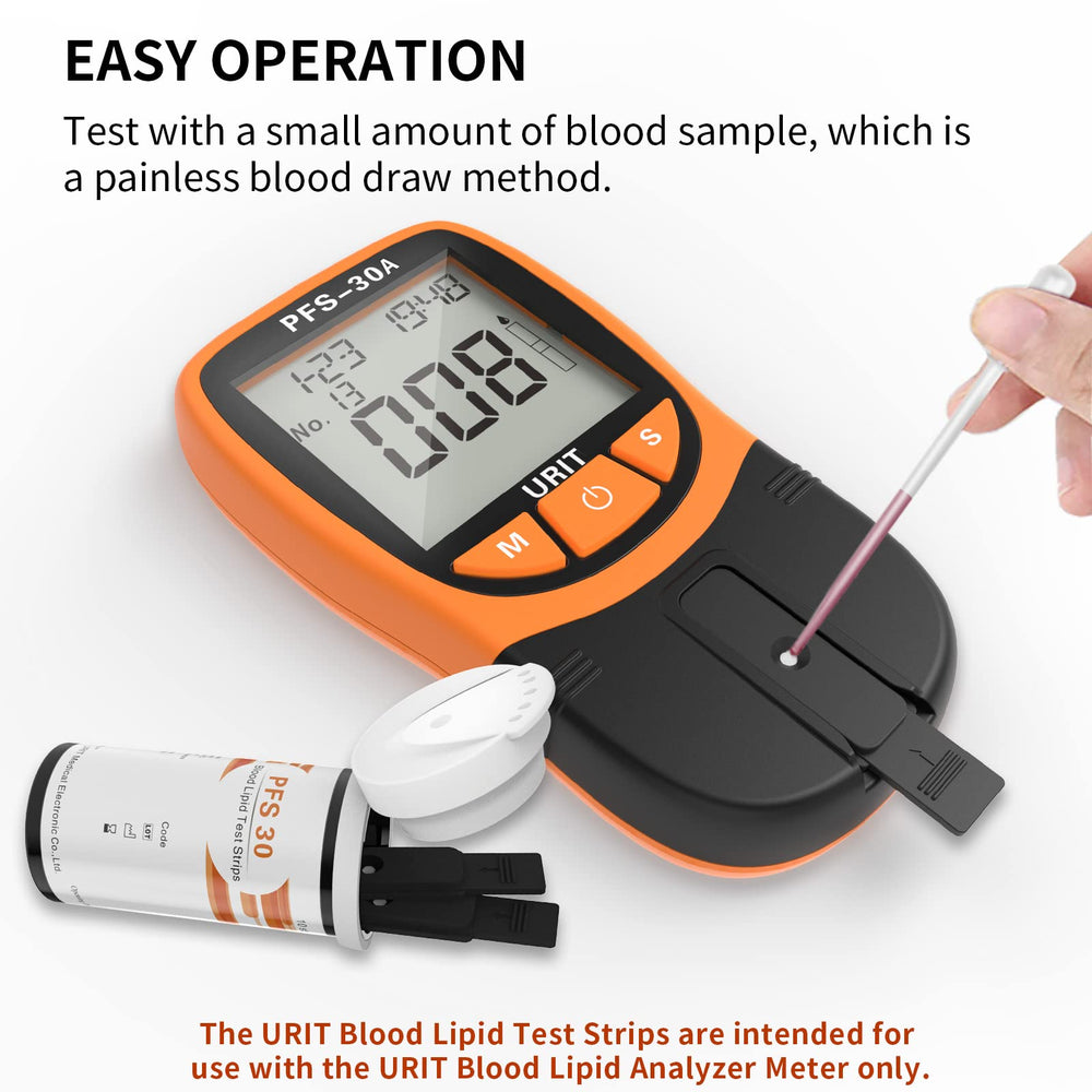 URIT 5 in 1 lipid test strip blood sample setup for quick self-testing.