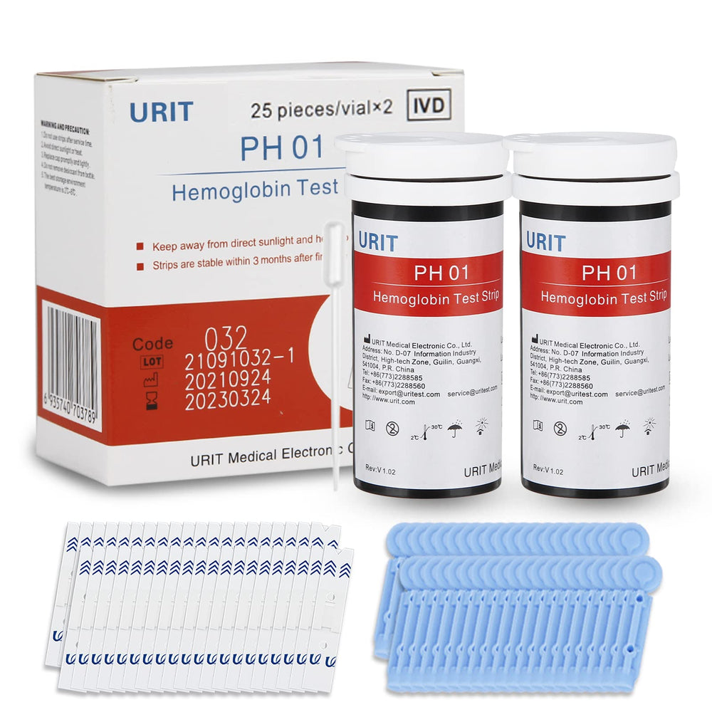 URIT hemoglobin test strips 50-pack side-angle view for convenient home use