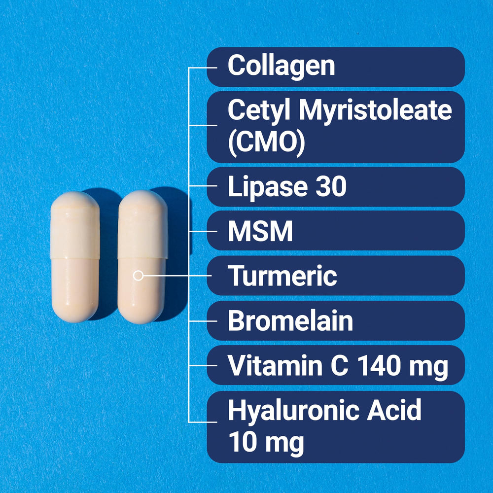 Arthro8 bottle label close-up highlights key ingredients such as hyaluronic acid.
