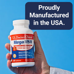 U.S. Doctors’ Clinical Mega MSM capsules being poured demonstrates simple daily supplementation.