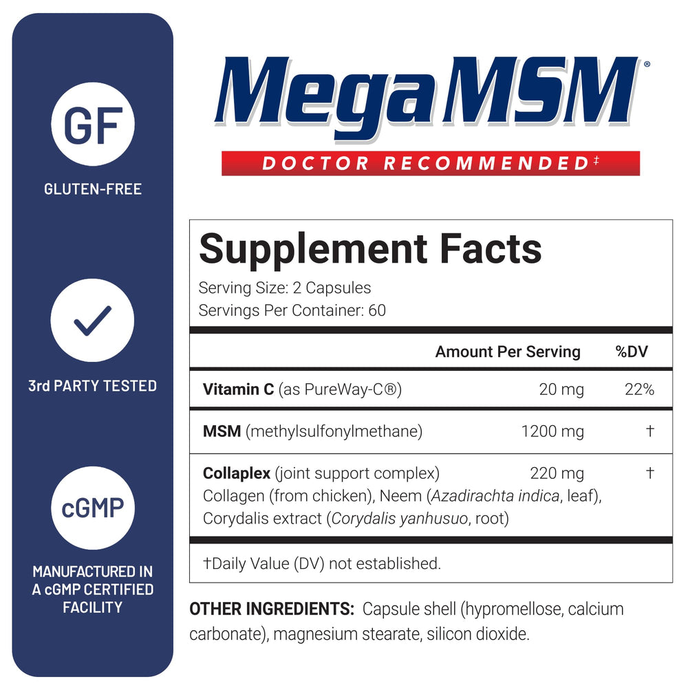 U.S. Doctors’ Clinical Mega MSM label highlights collagen and neem support for tissue health.