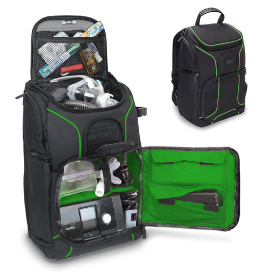 USA Gear CPAP backpack interior with padded dividers keeps your machine organized during travel.