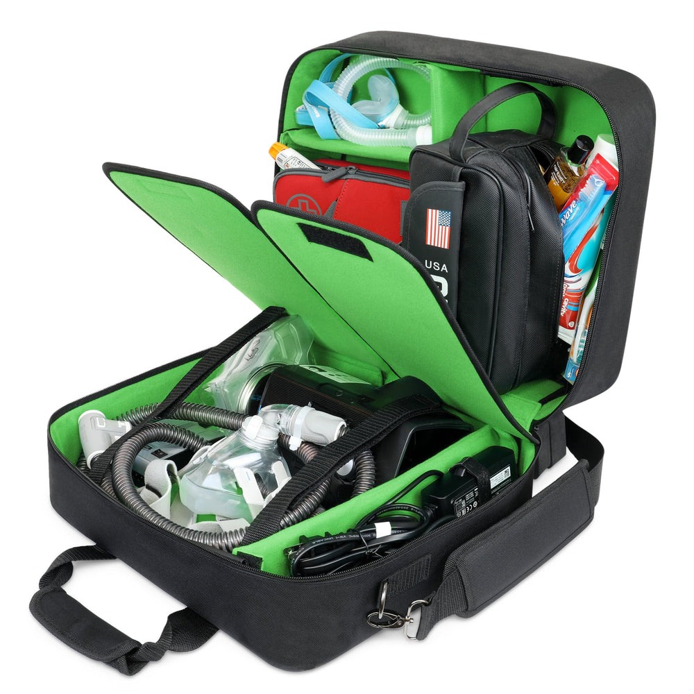USA Gear XL CPAP Travel Bag interior showcases customizable space for CPAP, cables, hose, and mask.