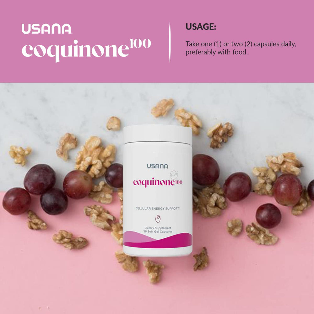 USANA CoQuinone 100 heart health scene with capsules and heart silhouette.