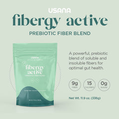 USANA Fibergy Active prebiotic boost highlights microbiome-friendly fiber benefits.