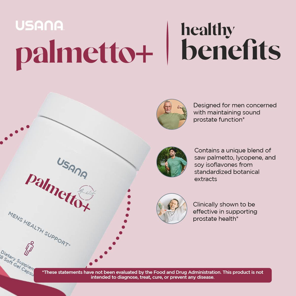 USANA Palmetto Plus bottle and label shown for daily use.