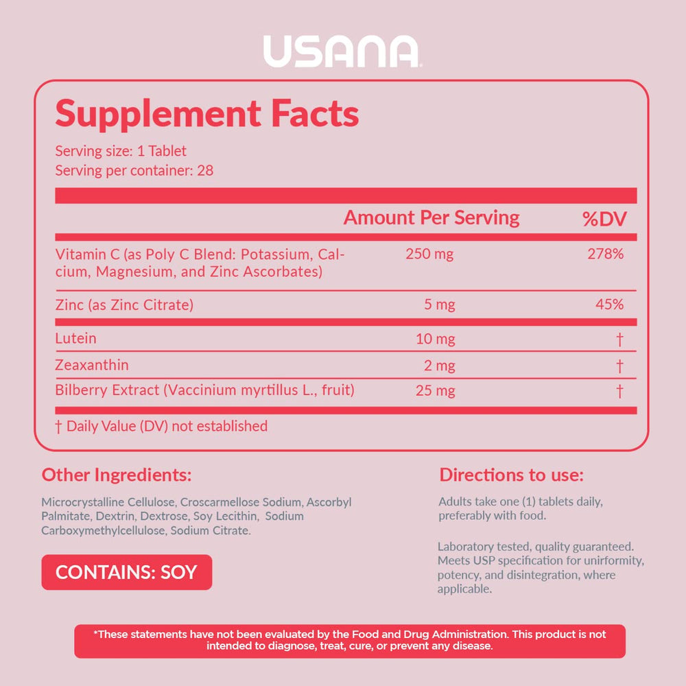 USANA Visionex DS bottle back view with ingredient list for retina support
