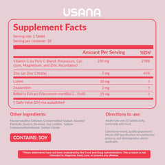USANA Visionex DS bottle back view with ingredient list for retina support