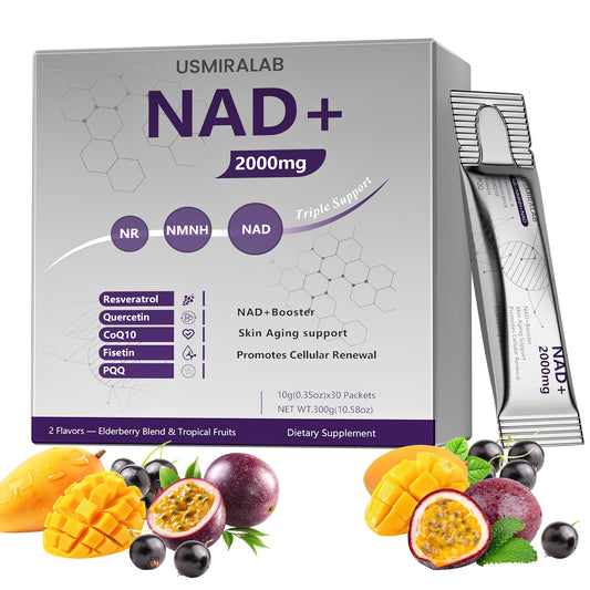 USMIRALAB NAD+ packets in berry liquid being poured for quick energy boost.