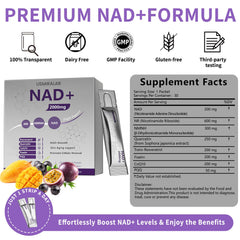 USMIRALAB NAD+ packets pouring into a glass highlights convenient on-the-go nutrition.