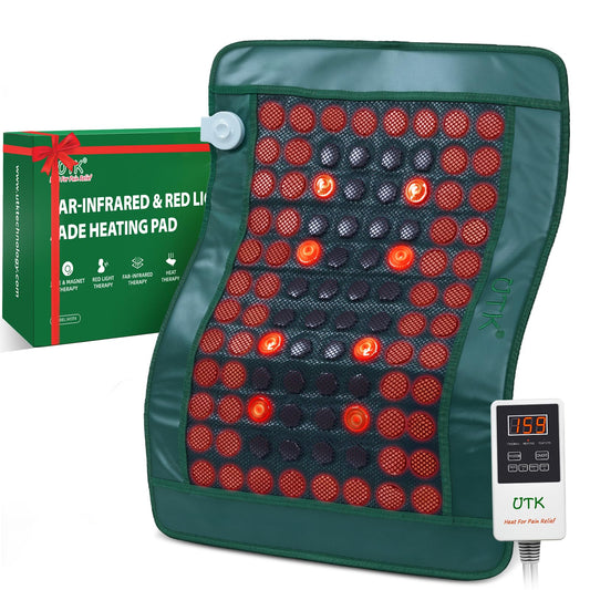 UTK heating pad on back showing broad coverage and warmth for comfort