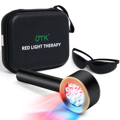 UTK handheld blue and red light therapy device front view for skin care and comfort.