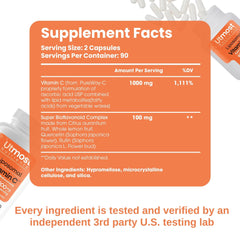Closeup of Utmost Nutrients liposomal Vitamin C capsules showing easy-to-swallow form.