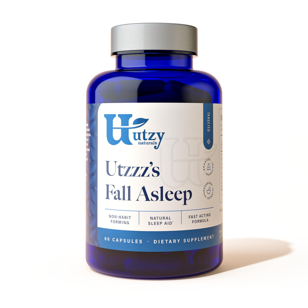 Utzy Naturals Fall Asleep bottle front promotes relaxing wind-down for better bedtime.