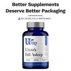 Utzy Naturals Fall Asleep bottle label highlights natural sleep ingredients for gentle evening calm.
