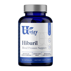 Utzy Naturals Hiburil bottle with capsules for daily blood pressure support.