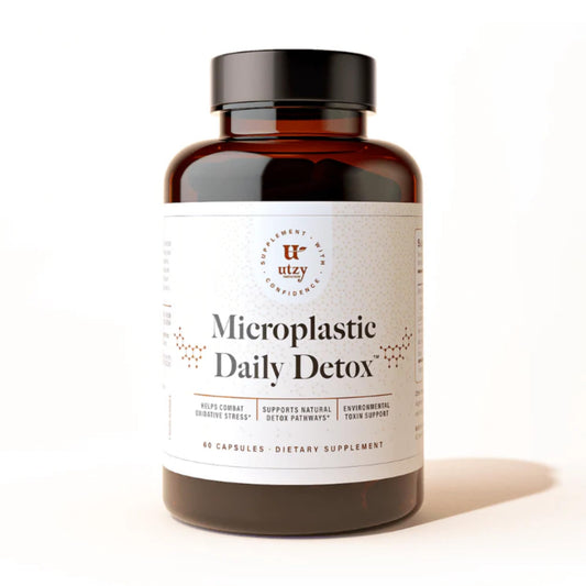 Utzy Naturals Microplastic Daily Detox bottle front for daily detox support