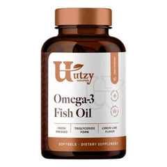 Utzy Naturals Omega-3 Lemon Softgels bottle front showcases freshness and premium quality.