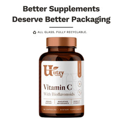 Utzy Naturals Vitamin C Complex packaging hints at eco-friendly and allergen-free formula.
