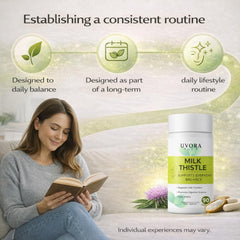 uvora Milk Thistle Detox bottle with glass of water, suggested daily routine.
