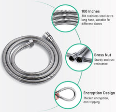 8-ft stainless hose for flexible, rust-free cleansing.