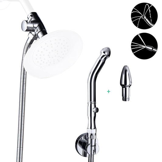 V-Frankness enema system in chrome with long hose for comfortable in-shower cleansing.