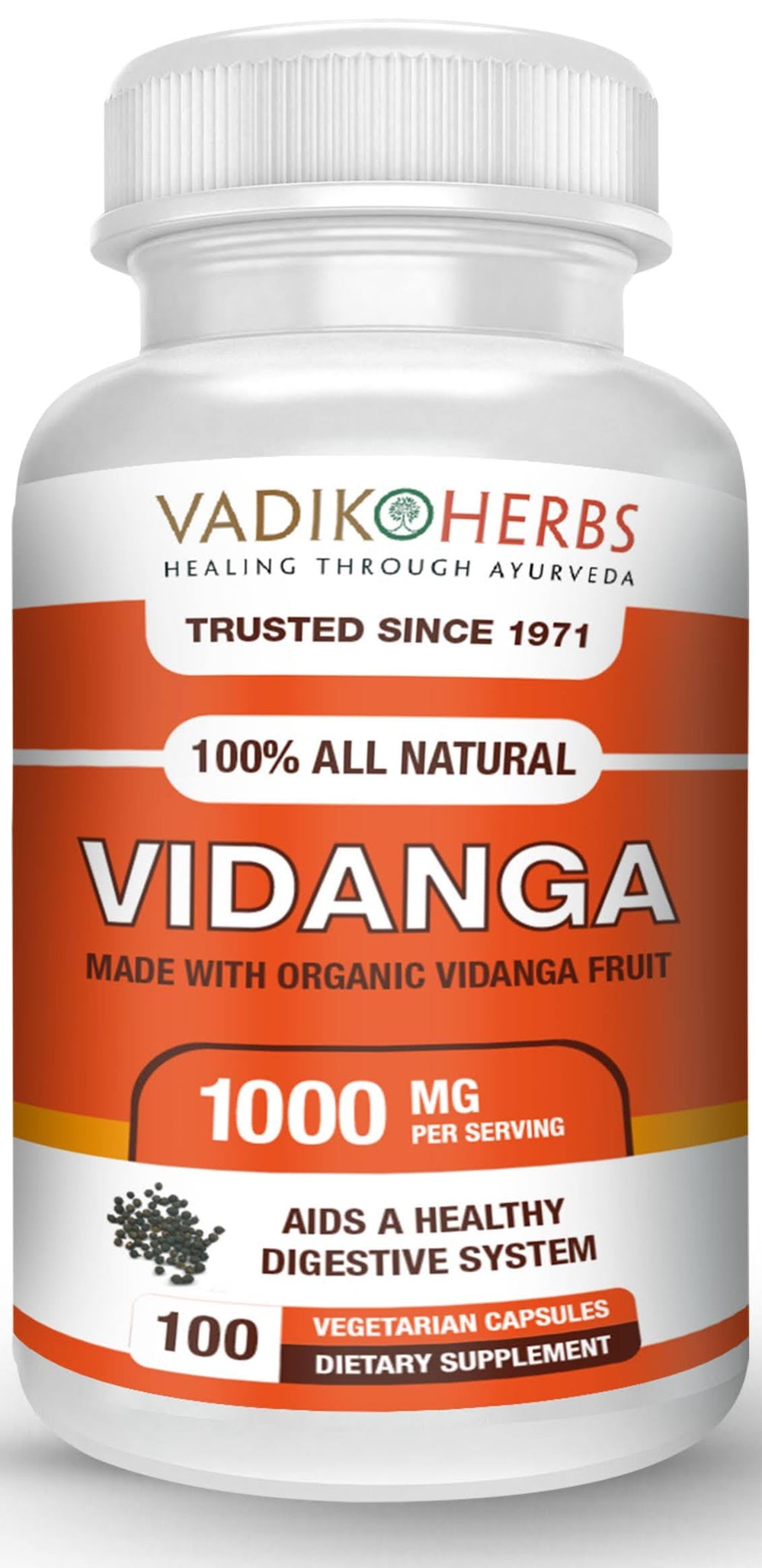 Vadik Herbs Vidanga capsules in bottle for easy daily use and consistency