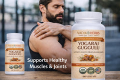Close-up of Vadik Herbs Yogaraj Guggulu capsules highlighting 1000mg per serving