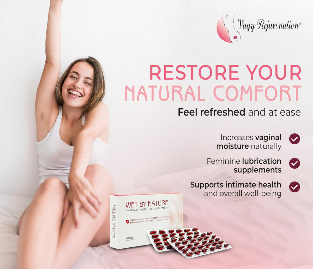 Close-up of Wet by Nature label highlighting estrogen-free formula for vaginal comfort.