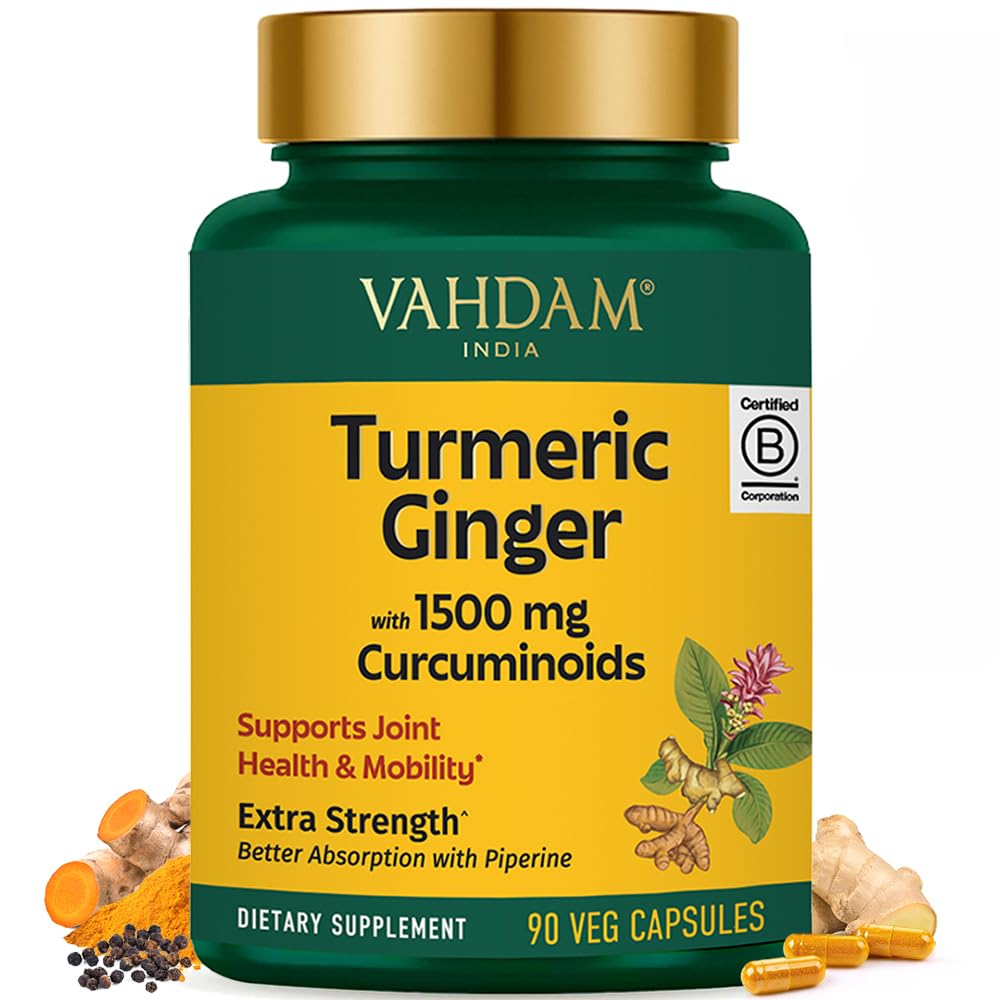 VAHDAM extra-strength turmeric ginger supplement bottle for daily wellness.