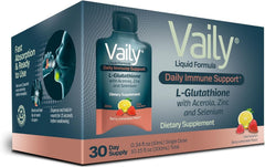 Vaily glutathione liquid bottle highlighting the antioxidant formula for daily vitality.