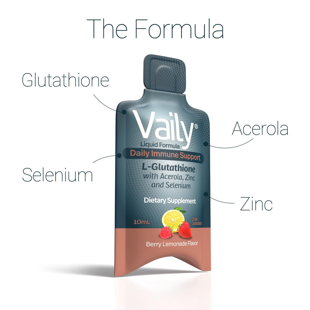 Vaily liquid glutathione vials pack for on-the-go immune support.