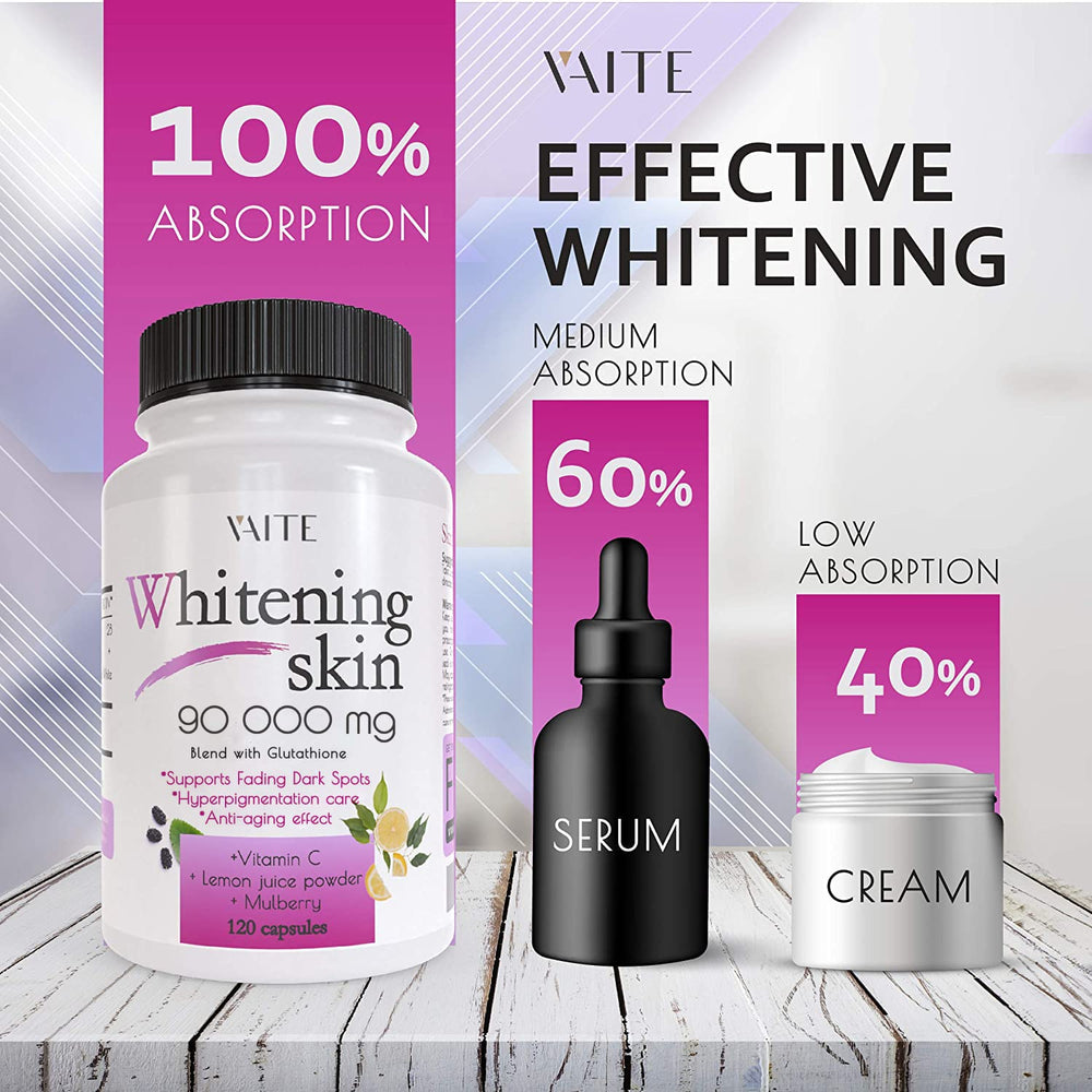 VAITE Glutathione pack with 120 capsules and 2-pack label.