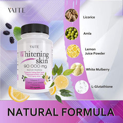 VAITE Glutathione bottle beside white mulberry and lemon powder ingredients.