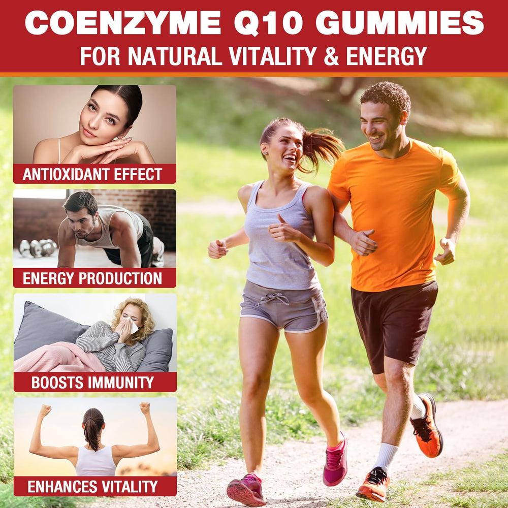 VAJYKEWJY CoQ10 gummies packaging highlighting vegan, non-GMO, gluten-free.