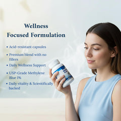 Valboren Labs Methylene Blue Capsules bottle with glass for routine wellness.