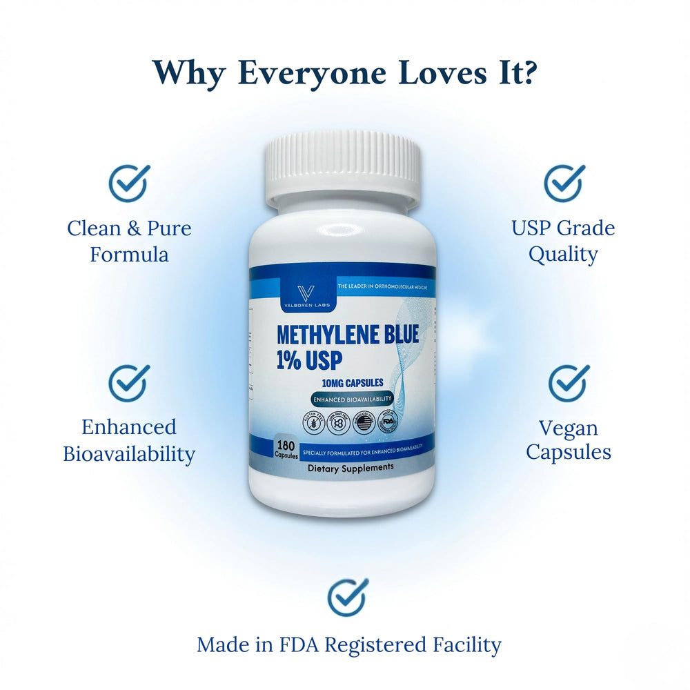 Valboren Labs Methylene Blue Capsules packaging box for long-term daily use.