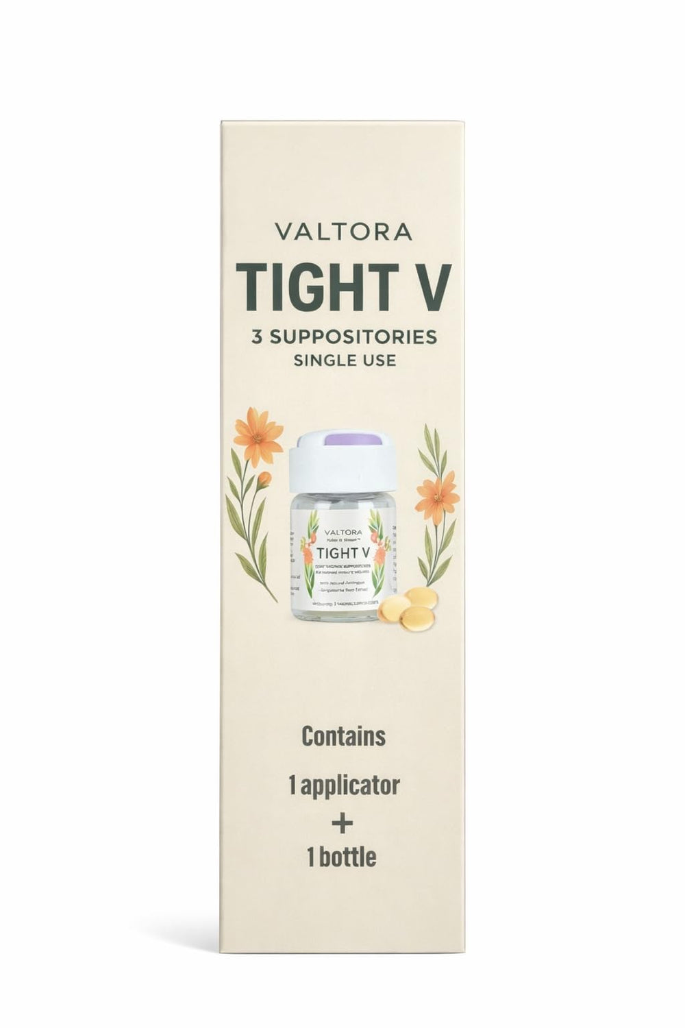 VALTORA Tight V bottle close-up showing plant-based formula for gentle intimate care.