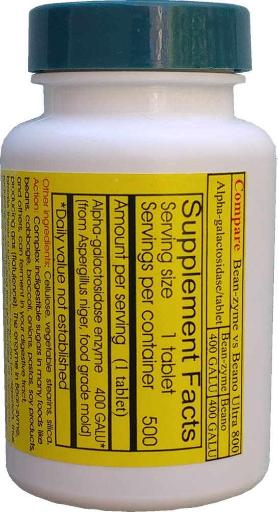 ValuePricedMeds Bean-Zyme bottle back view, shows dosage and vegan formula.