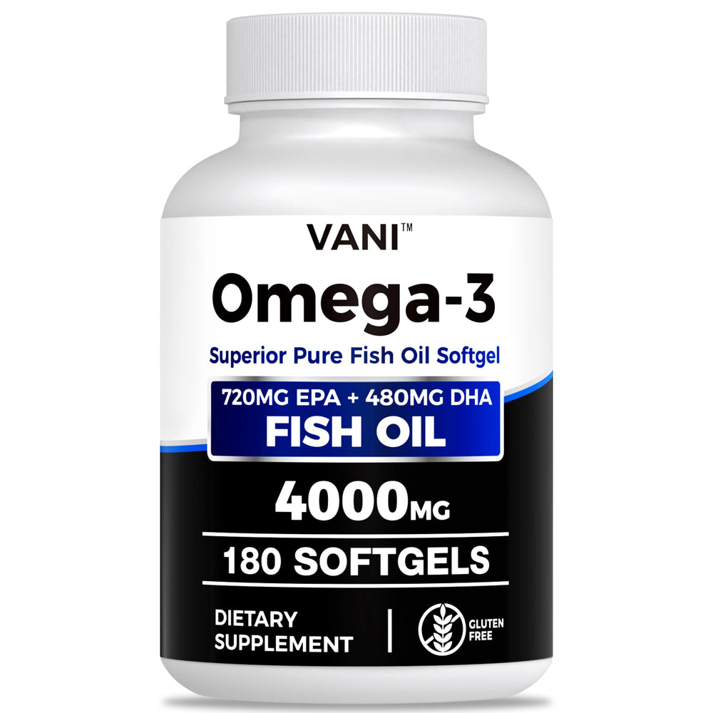 VANI Fish Oil Omega-3 softgels bottle highlights high EPA and DHA for daily brain and heart support.
